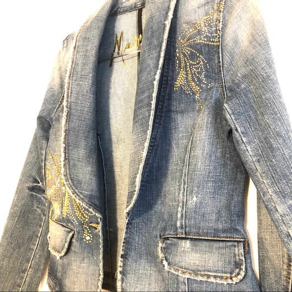 Blue Denim Distressed Gold Butterfly Jean Jacket by Marciano/Guess size Small - Picture 4 of 13